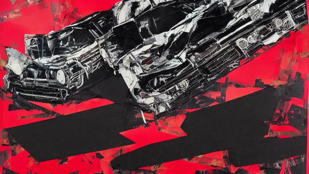 Image similar to lowrider crash test, collage paper and tape, black and red oil, acrylic on canvas, hyperrealism mixed with expressionism, high resolution, cinematic, unreal 6 breathtaking detailed, by blake neubert, by matt sesow