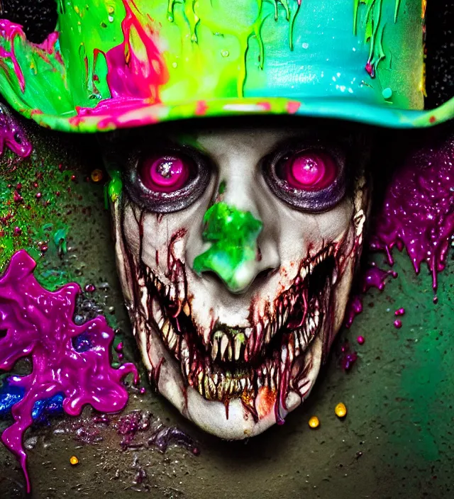 Image similar to beautiful 3 5 mm photograph of a slimy rotting zombie wearing a police uniform and police hat covered in colorful wet goop, dripping with colorful liquid, policeman, cop, biocop, intricate details, dark ambient, service cap, atmospheric, movie poster, poster, horror, elegant, super highly detailed, professional digital photo, artstation, concept art, 8 k