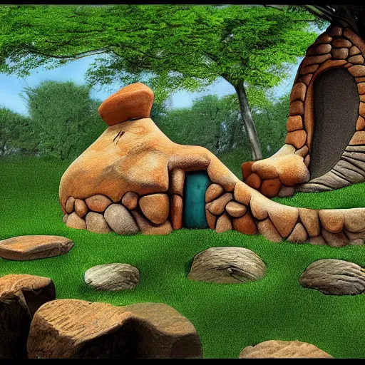 Prompt: the flintstone's house in the real world, photorealistic