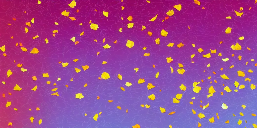 Image similar to background art of spaciously scattered flower petals flowing and floating through the blowing wind from left to right on a simple sunset background, large individual rose petals, angular background elements, polygonal fragments, anime, artgerm, manga, trending on artstation, art nouveau, mature color scheme