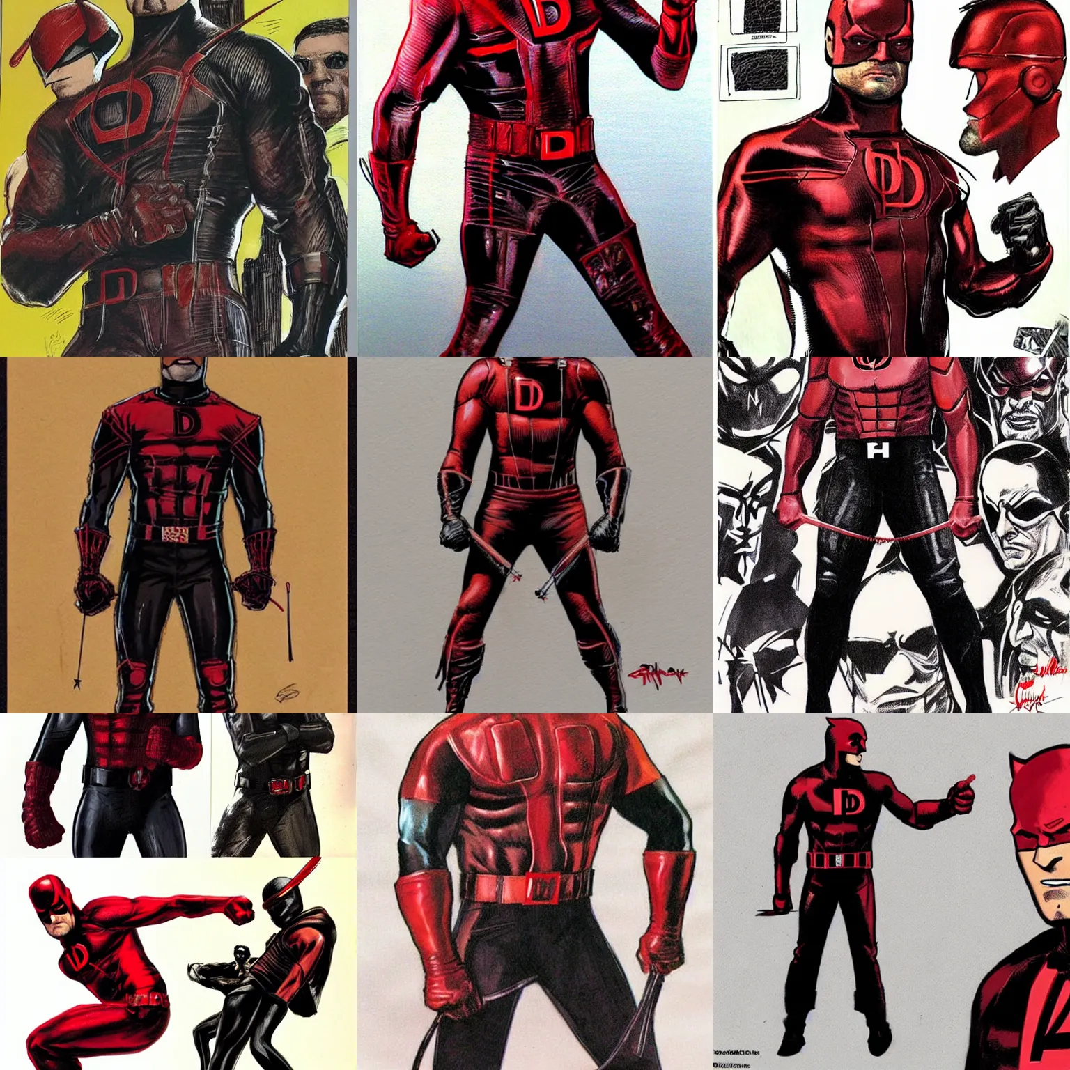 Prompt: daredevil concept art leather suit billy stick painted by joe quesada