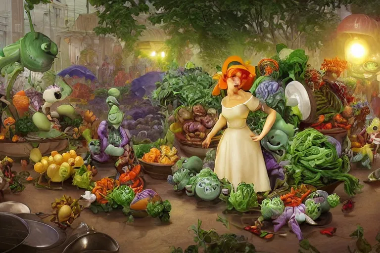 Image similar to miniature vegetable creatures parade on a cutting board. big chef in a kitchen in the background. digital art, realistic, pixar style, highly detailed, cinematic, matte painting, vivid colors, realistic, epic, low angle, lighting, by greg rutkowski and artgerm and alphonse mucha