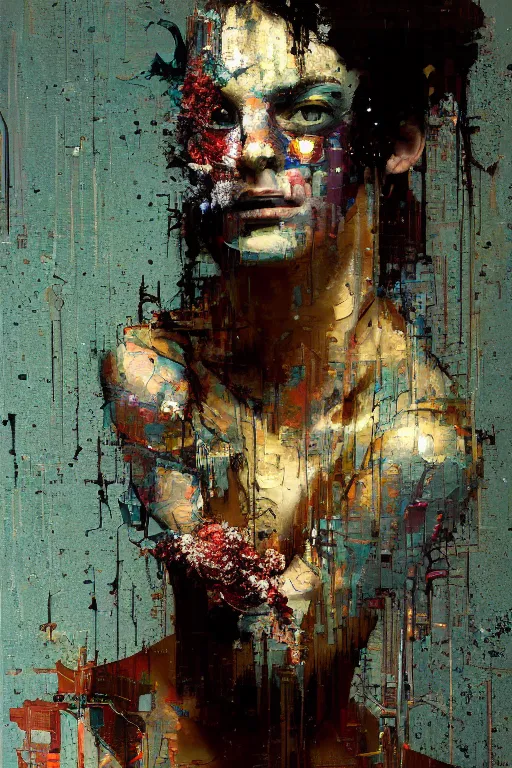 Image similar to a beautiful glitched painting by robert proch of a woman in a glitched bathroom, metal rust and plaster materials, pixel sorting, color bleeding, brushstrokes by jeremy mann, still life, dark colors