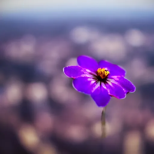 Image similar to closeup photo of single petal of purple flowers flying above a city, aerial view, shallow depth of field, cinematic, 8 0 mm, f 1. 8