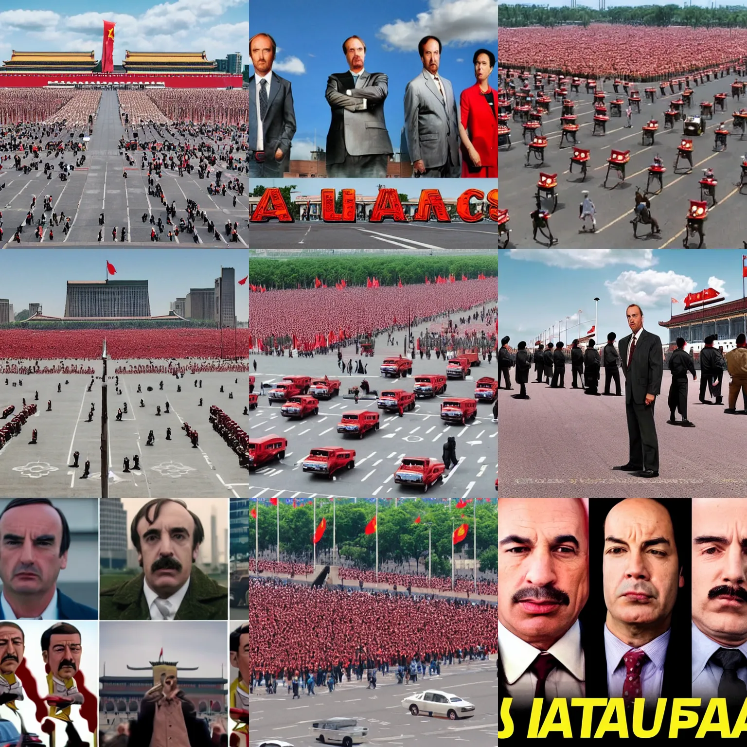 Prompt: tiananmen square but everyone's faces have been replaced by Saul from better call Saul