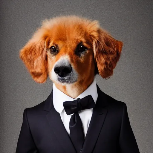 Prompt: high quality fashion portrait photography of dog wearing suits from national geographic award, vogue magazine, elle magazine, studio lighting, rule of third