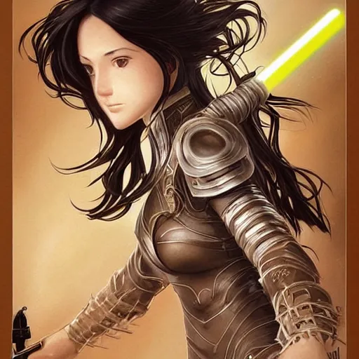 Image similar to portrait of a female Kazuto Kirigaya Kirito as young woman with brown long hair and bangs and wearing a long black coat breast-armor showing through, with light-saber, face, fantasy, intricate, elegant, highly detailed drawn by Donato Giancola and Fernanda Suarez and Artem Demura, face by Artgerm and Edmund Leighton, Alphonse Mucha, background by James Jean and Gustav Klimt, 4k, porcelain skin, komorebi, french nouveau, trending on pixiv, octane render, hyperrealistic