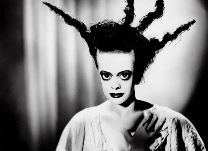 Image similar to editorial portrait, bride of frankenstein ( 1 9 3 5 ) as teen, still from the movie beetlejuice, cinematic