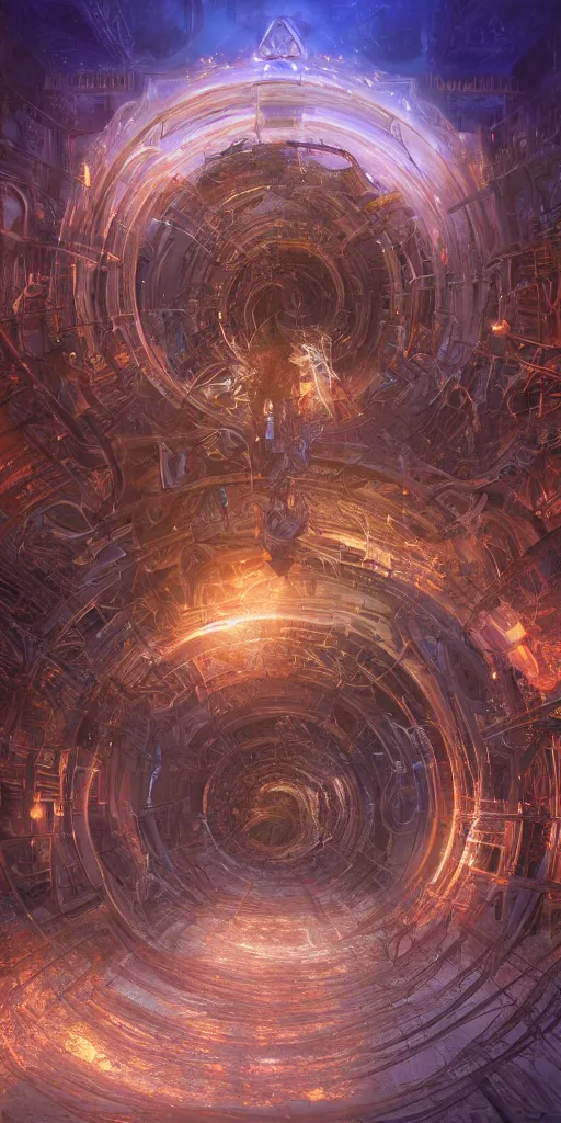 Image similar to a centered realistic render of a post apocalyptic portal surrounded by glowing fractals and ornate flowing light streams sacred geometry, by beeple, by donato giancola, unreal engine