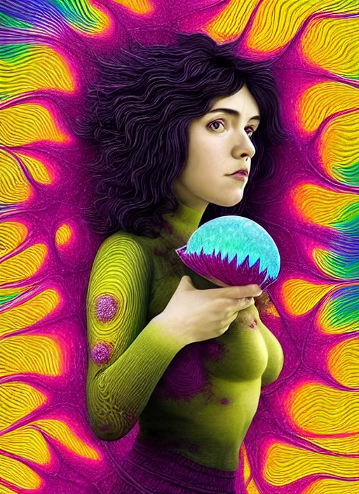 Prompt: hyper detailed 3d render like a Oil painting - Ramona Flowers with wavy black hair wearing thick mascara seen Eating of the Strangling network of colorful yellowcake and aerochrome and milky Fruit and Her staring intensely delicate Hands hold of gossamer polyp blossoms bring iridescent fungal flowers whose spores black the foolish stars by Jacek Yerka, Mariusz Lewandowski, silly face, Houdini algorithmic generative render, Abstract brush strokes, Masterpiece, Edward Hopper and James Gilleard, Zdzislaw Beksinski, Mark Ryden, Wolfgang Lettl, Dan Hiller, hints of Yayoi Kasuma, octane render, 8k