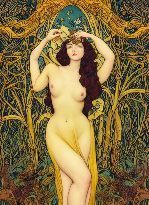 Image similar to masterpiece beautiful seductive flowing curves pinup pose preraphaelite face portrait photography, extreme close up shot, straight bangs, thick set features, yellow ochre ornate medieval dress, kay nielsen, amongst foliage mushroom forest circle arch, william morris and kilian eng and mucha, framed, 4 k