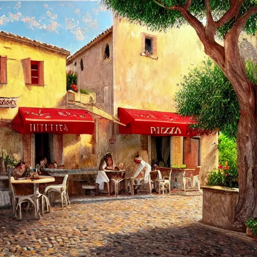 Image similar to a traditional pizzeria in the street of a small village on the riviera. a terrace in the shade of a hundred - year - old olive tree, a friendly atmosphere around pizzas and rose wine. dolce vita. unreal engine rendering, hyper realist, ultra detailed, oil painting, warm colors, happy, impressionism, da vinci, 4 k,