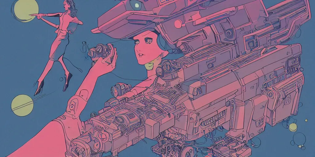 Image similar to a risograph of a futuristic vintage sci - fi, 2 d matte gouache illustration, gigantic woman playing with mechanical floating head shooting lasers from it's eyes, ornate, detailed, dramatic, ominous, drawing by moebius and satoshi kon, saturated colors, grainy, 8 k