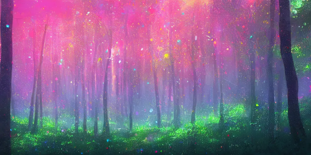Image similar to A thick forest covered in tiny bright colorful specks of light covers the landscape, Trending on artstation.