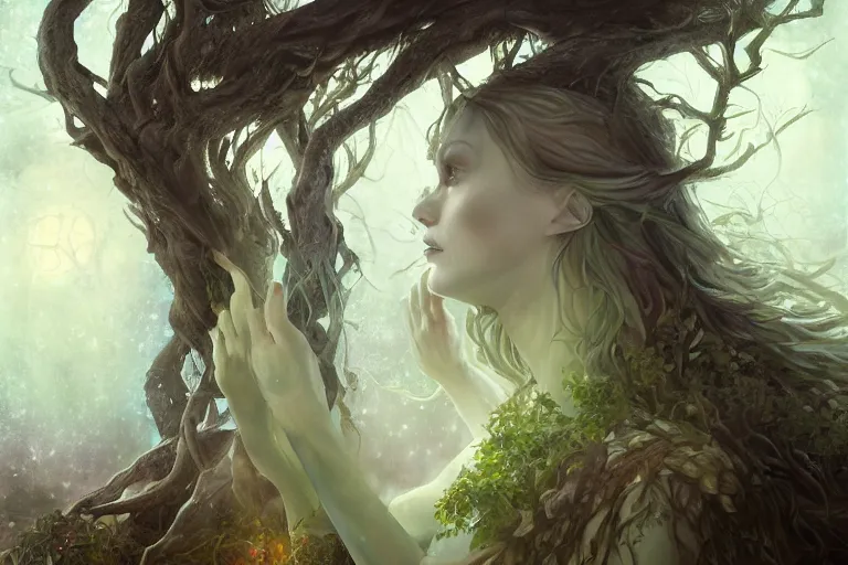 Image similar to cinematic painting, portrait of a dryad inspired by brian froud inspired by dungeons and dragons, fey, mysterious, sacred musician druid, she's emerging from shadow, face partially hidden by a hooded cloak, ice blue eyes, autumn forest, trending on art station, hard focus, cinematic sunset evening lighting, ominous shadows by jessica rossier