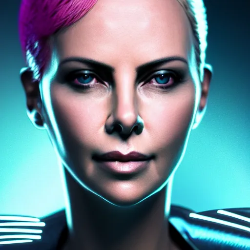 Image similar to charlize theron portrait, cyberpunk 2 0 7 7, cyberpunk judy alvarez, photorealistic, ultra detailed, neon, octane, bokeh, cinematic lighting, cyber, cyberpunk city, studio quality, feature, scars, cyberface, 8 k