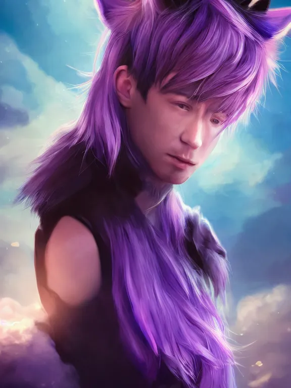 Prompt: Portrait art of a young man with purple hair and cat ears floating on a cloud, 8k, ultra realistic , lens flare, atmosphere, glow, detailed, intricate, full of colour, cinematic lighting, trending on artstation, 4k, hyperrealistic, focused, extreme details, unreal engine 5, cinematic, masterpiece