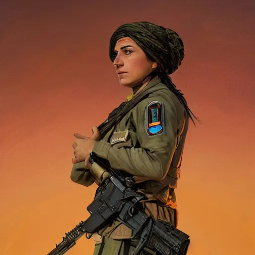 Prompt: beautiful YPJ soldier wearing a Kurdistan flag insignia in the defense of Kobanî in the siege of Kobanî, detailed, centered, digital painting, artstation, concept art, donato giancola, Joseph Christian Leyendecker, Boris Vallejo, Breathtaking, 8k resolution, extremely detailed, beautiful, establishing shot, artistic, hyperrealistic, beautiful face, octane render