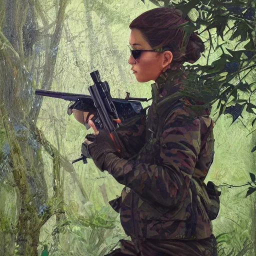 Prompt: Spectacular Digital Painting Portraits, Mark Chang artstation, Sophie Langdon shooting a rifle inside of a bush portrait study by Ilya Kuvshinov, isolated intricate sniper rifle assault weapon