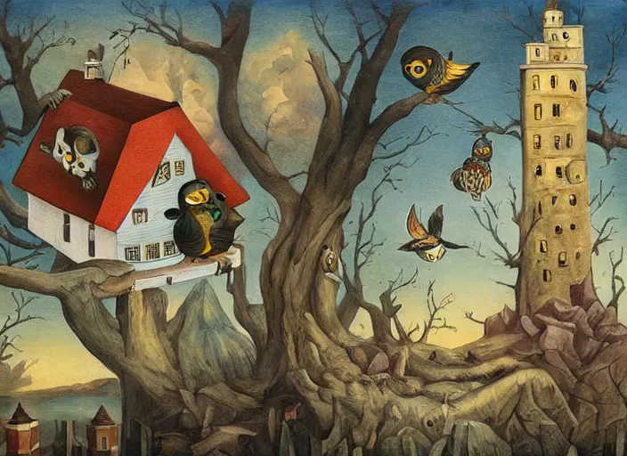 Prompt: a house with a tower, owl, birds, cheese, lowbrow in the style of mark ryden and francisco de goya,