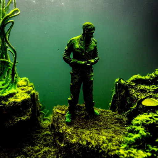 Image similar to Postapocalyptic ruins, Nicolas Cage underwater mossy old statue, ruins, photo, dark, kelp and moss all over, bottom of ocean, far shot, deep ocean, bottom of ocean, dark, 35mm, fish, underwater landscape, 4k, detailed, photorealistic, photo, Atlantis, underwater camera, fish, fish, fish