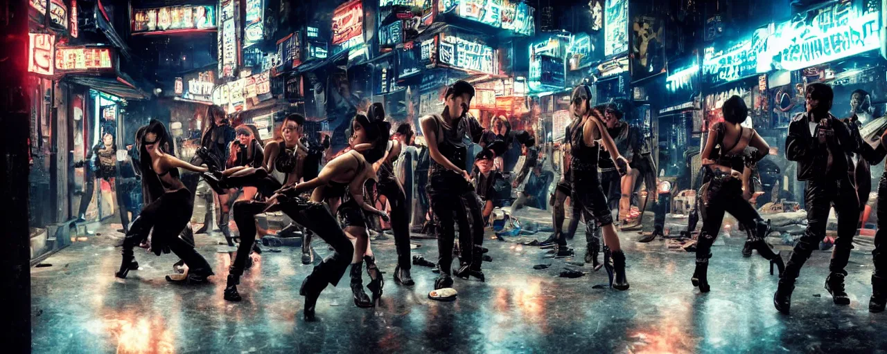Prompt: highly detailed photo of gangsters and girls fighting in cyberpunk night adult club, 3 5 mm, guns and blades, low angle, blade runner, akira, cinematic angle, cinematic lighting, reflections, action, battle