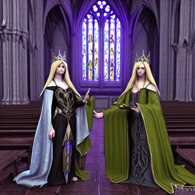 Image similar to an elf queen and ice queen in a gothic church, highly detailed, 4 k, hdr, smooth, sharp focus, high resolution, award - winning photo, close up, illustrated by anne stokes, photorealistic