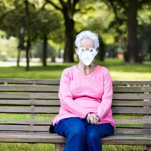 Image similar to an older woman sitting in a park using an oxygen concentrator, 4 k,