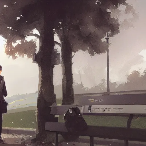 Prompt: a young man waiting at the bus stop in ireland, digital art by greg rutkowski