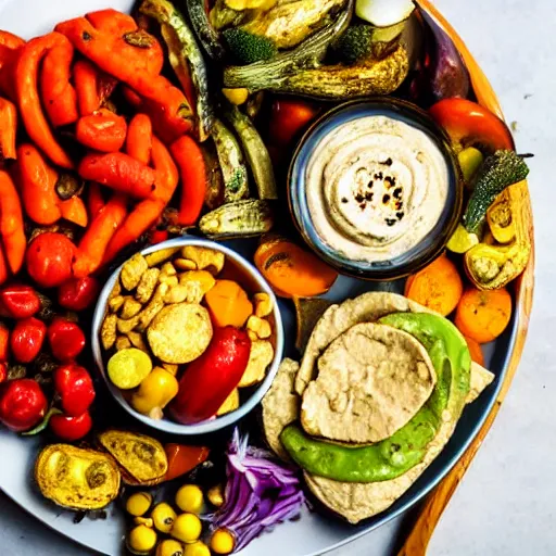 Prompt: a hummus plate with roasted vegetables, food photography