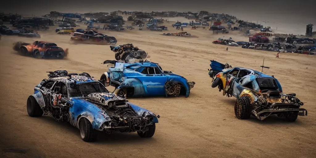 Image similar to the most craziest extreme mad max style car race in history, along a beach in cornwall, really extreme cyberpunk brutal racing machines, gritty, crash, custom fighting speed machines, spectators, smoke, dust, waves, cloudy blue sky