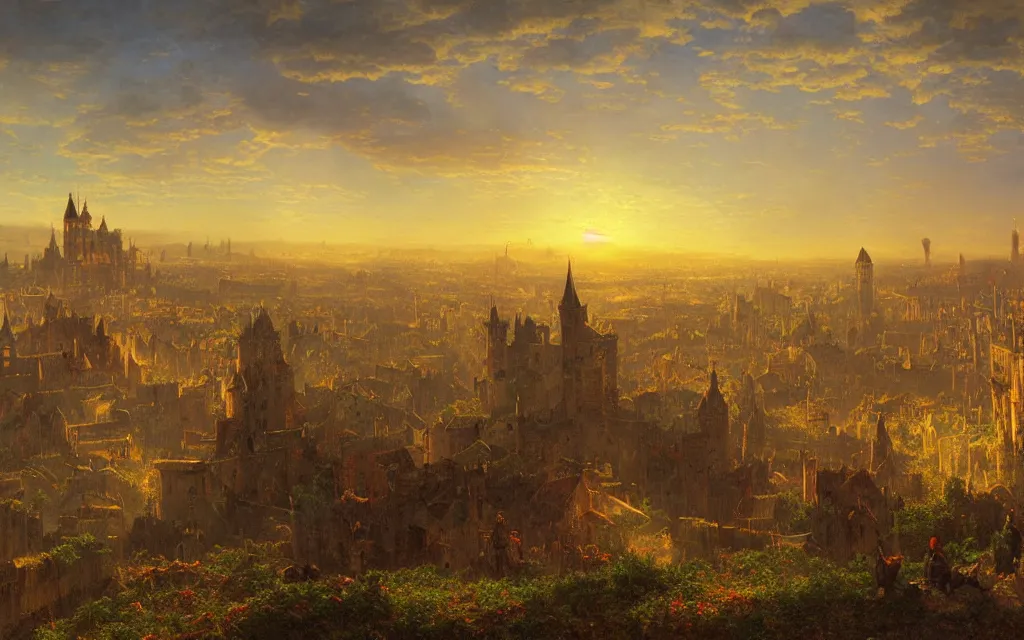 Prompt: large sprawling medieval city, steampunk, sunset in the distance, distant castle on a hill, cinematic lighting, intricate ink illustration, by albert bierstadt