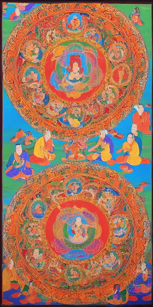 Image similar to The painting shows the Buddha Lotus in the center of a mandala. He is surrounded by a group of bodhisattvas and other figures. The whole painting is done in a bright, colorful style. by a Tibetan artist in the 13th century., Tibetan art, Thangka painting, Buddhist art.