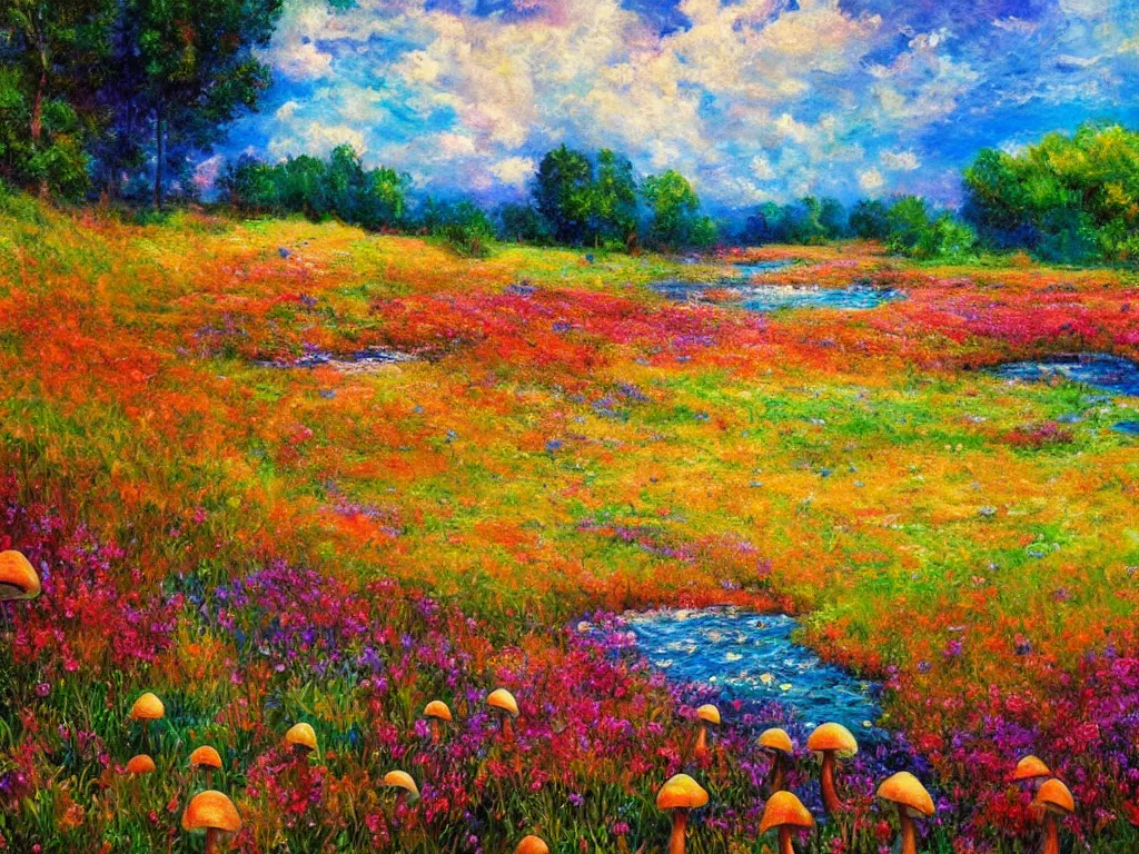 Image similar to an impressionist painting of a gorgeous meadow filled with colorful mushrooms with a stream flowing through it, psychedelic colors, colorful sky in background, high detail, trending on artstation