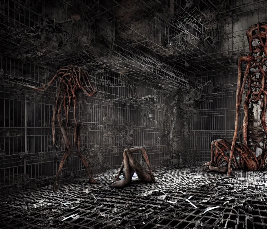 Prompt: creepy huge suffering humanoid with long limbs sits on the floor. An underground very dark gloomy multi-layered structure of rusty thick iron grates, dense chain-link fencing and peeling walls. Inside view, collapsed floors, bent rusted iron, masterpiece, black background, corners, cinematic, hyperdetailed, photorealistic, hyperrealism, octane render, 8k, depth of field, bokeh, architecture, shadows, art by Zdzisław Beksiński, Dariusz Zawadzki