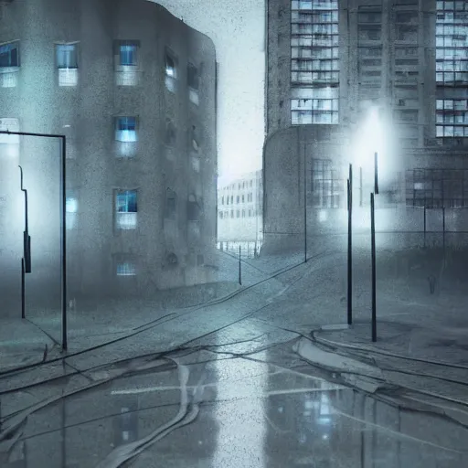 Prompt: Iridescent ghost lights appeared on a night street, Soviet town, mass housing, Soviet five-story panel buildings, brutal concrete architecture, lush vegetation, foggy, post-processing, in the style of Hugh Ferriss, Behance, Artgerm. High detail, ultra realistic render, octane, 3D, photorealism, symmetric, cinematic