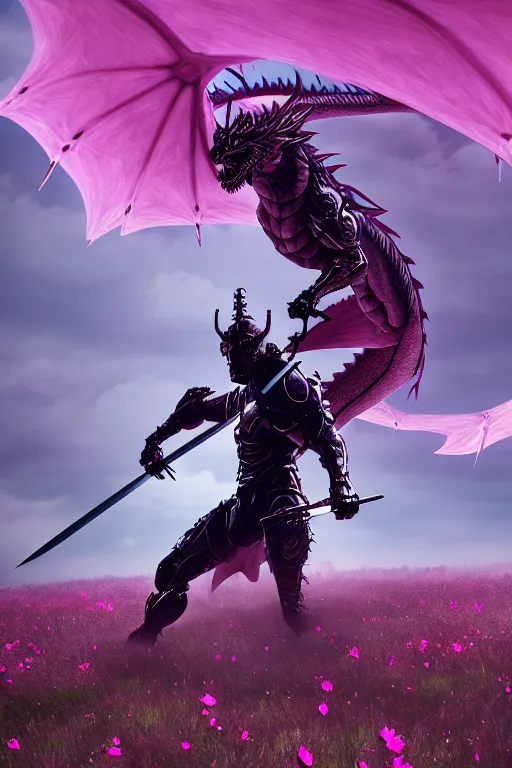 Image similar to illustration cinematic cyborg dragon yielding katana in a field of pink flowers, highly detailed concept art masterpiece, desaturated vitaly bulgarov eric zener dramatic blue light, ground angle uhd 8 k, sharp focus