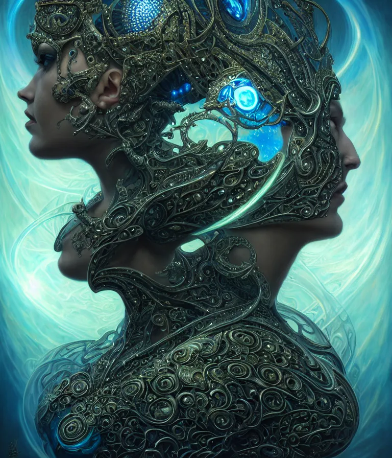 Prompt: front shot of a magic queen , character, hyperdimensional, bioluminescent hypercubes, dark holography, spectral, chrome, intricate, elegant, highly detailed, centered, artstation, concept art, smooth, sharp focus, artgerm, Tomasz Alen Kopera, Peter Mohrbacher, donato giancola, Joseph Christian Leyendecker, WLOP, Boris Vallejo, mugshot, octane render, nvidia raytracing demo, 8K, digitalblasphemy, metatron