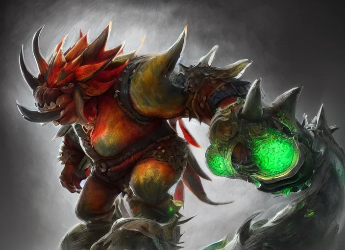 Image similar to detailed concept art of a huge giant bowser by cheng yi and luolin, aartstation, artstationhd, detailed scales, spiky and red hair tuft green scales. bowser, bowser nintendo, koopa, ~ bowser # bowser ( ( mario ) ) bcy. net, realistic. cheng yi, fire breathing. bowser