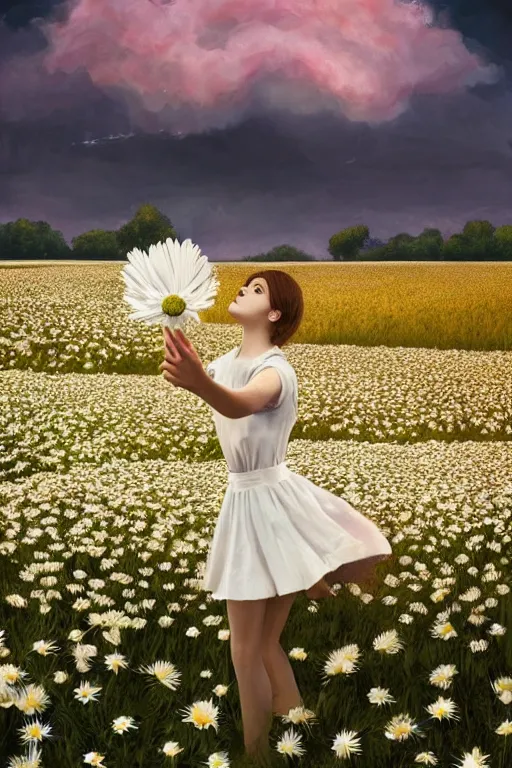 Image similar to giant white daisy flower head, girl dancing in a flower field, surreal photography, sunrise, dramatic light, impressionist painting, colorful clouds, digital painting, artstation, simon stalenhag