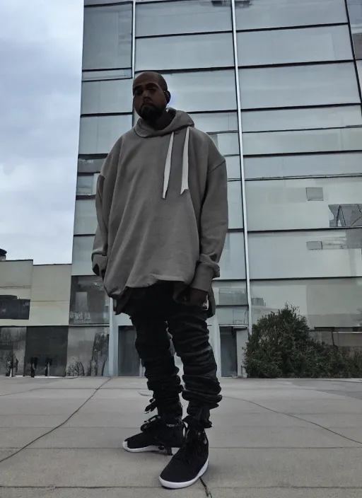 Prompt: Kanye West standing in front of the building of Huta Katowice, iPhone photo