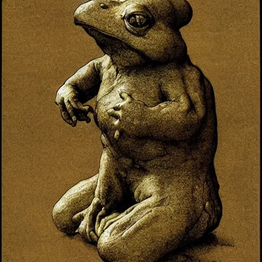 Prompt: toad philosopher toad in a pose The Thinker, swamp, by Auguste Rodin, illustrations by irish fairy tales james stephens arthur rackham, fairy tale illustrations,