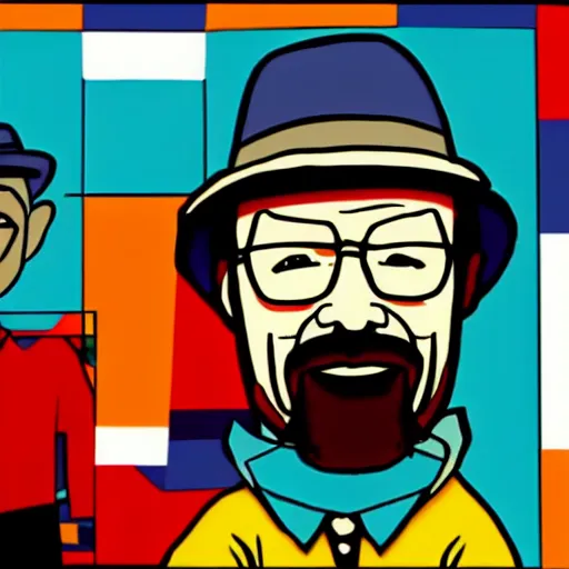 Image similar to Walter White in the style of a 70's Hanna Barbera cartoon, retro still, image artifacts