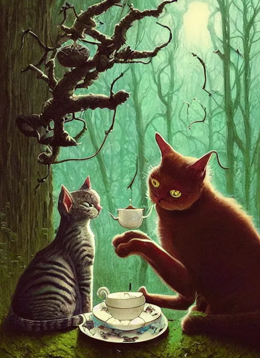 Prompt: cat having tea with a witch at a shrine in the woods gorgeous lighting, lush forest foliage blue sky a hyper realistic painting by chiara bautista and beksinski and norman rockwell and greg rutkowski weta studio, and lucasfilm