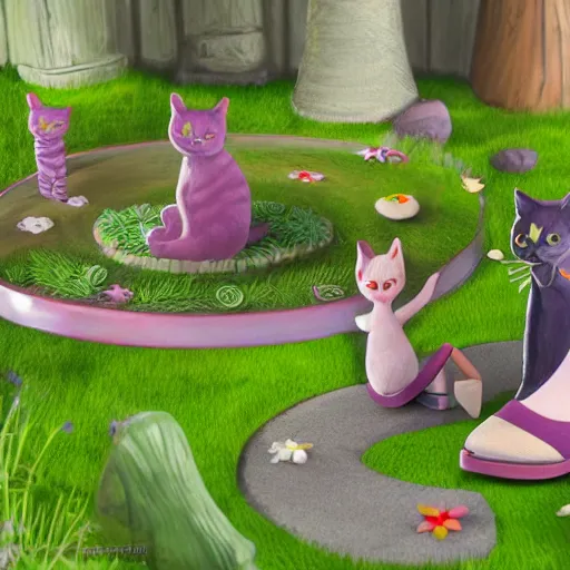 Prompt: cats making shoes in a fairy garden 3 d concept art