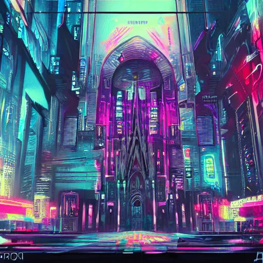 Image similar to chatedral in heaven,cyberpunk,retrowave art,trending on art station