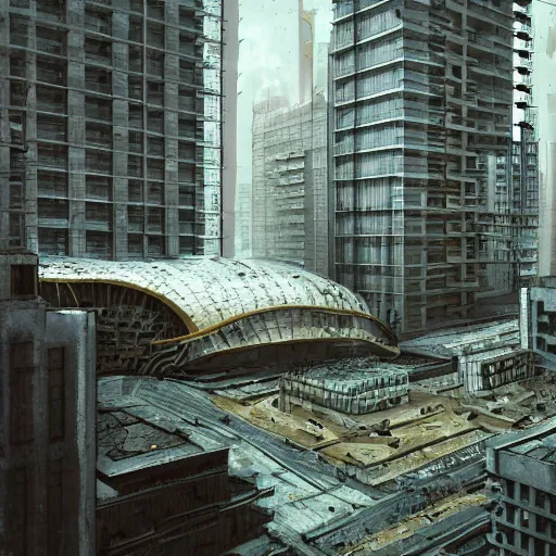 Image similar to alternate universe, soviet style cyberpunk, megalvanized and avant-garde buildings, architect Lebbeus Woods, 1970s, central city square in dense tropics, materials white stone, gold, white hardsurface metal, ultra detailed symbolism, 4K, trending artstation, colorful - H 768