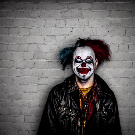 Image similar to « grunge illustration worn down clown, with a very depressing background and lights »