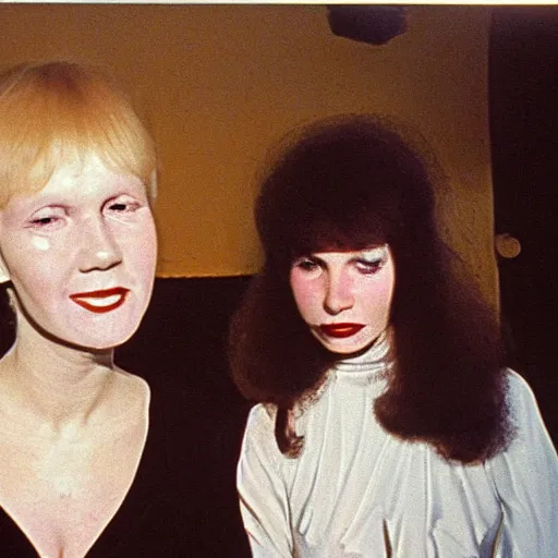 Prompt: 1981 color archival photo of a glamorous woman in a dress, and her friend, who looks like Casper the Friendly Ghost, in a sidewalk cafe, 16mm film soft color, earth tones and soft color 1981, live-action archival footage, in style of doris wishman russ meyer, woman looks like young mia farrow