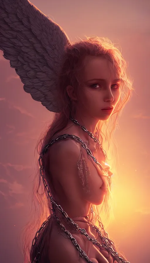 Image similar to a sad portrait of an angel with boned wings blocked by chains covered by vegeration, sunset, bright light, hyperdetailed, artstation, cgsociety, 8 k